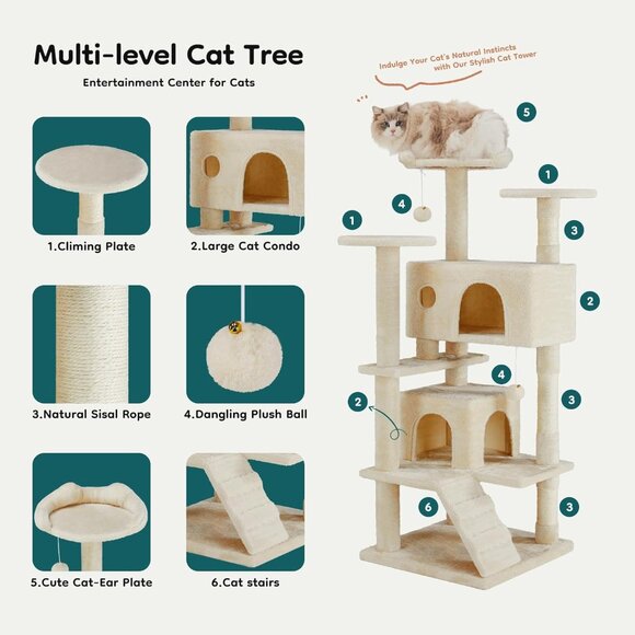 New 54in Cat Tree Light Gray Tower with Condo and Scratching Posts - Picture 6 of 7